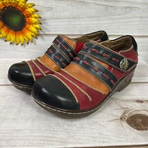 L'Artiste Women's Spring Step Clogs Red Black Leather Comfort Wedge 39 8.5